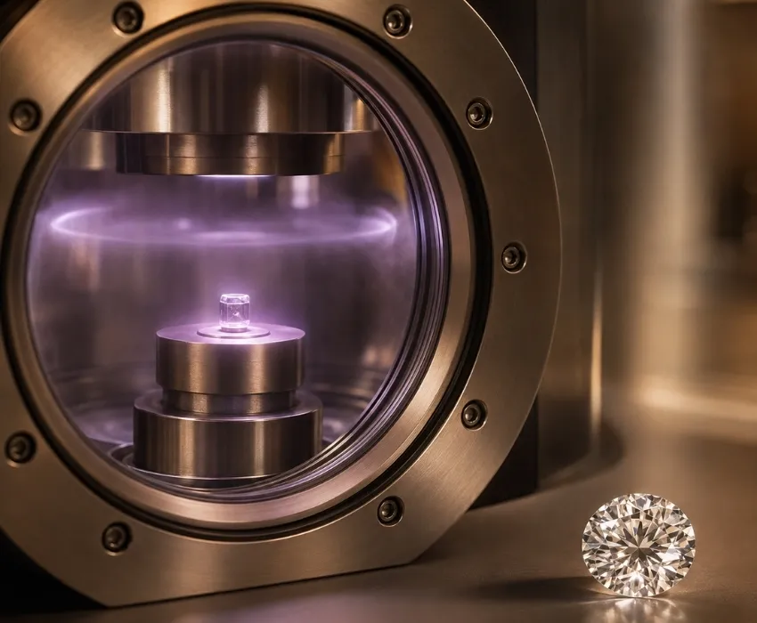 Diamond seed inside a modern CVD growth chamber with a polished lab-grown diamond in the foreground.