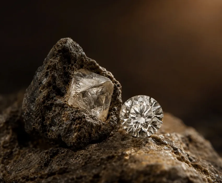 Rough natural diamond crystal in dark rock beside a polished diamond.