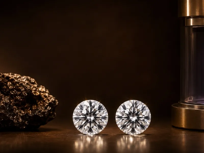Rough natural diamond, lab-grown diamond chamber and two polished diamonds representing two origins