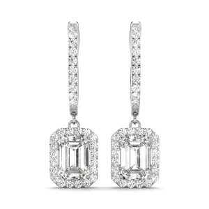 Emerald Cut Halo Drop Earrings