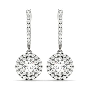 Round Double Halo Drop Earrings
